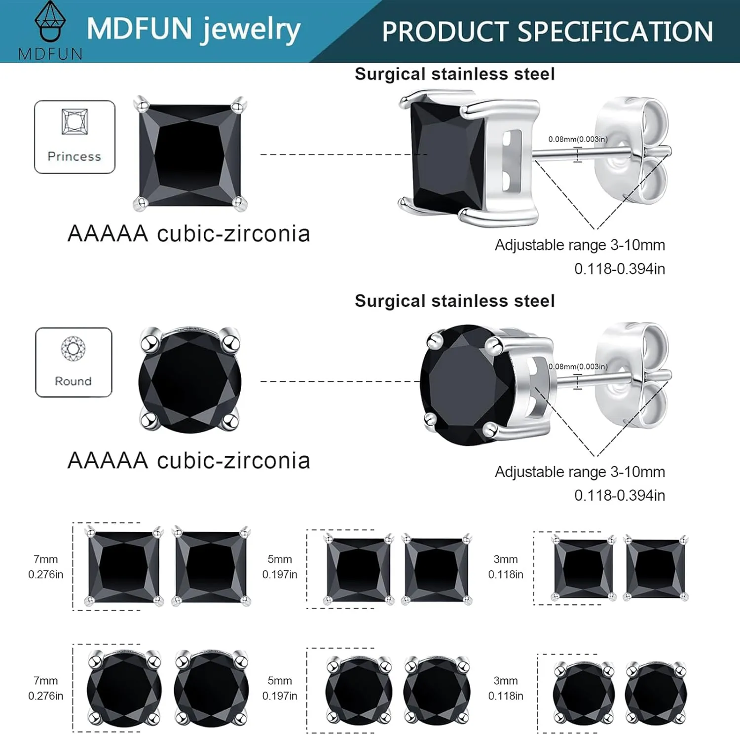 MDFUN 6 Pairs Stud Earrings Set 3mm/5mm/7mm Princess & Round Cubic Zirconia Earrings Hypoallergenic 316L Surgical Stainless Steel CZ Earrings for Women Men