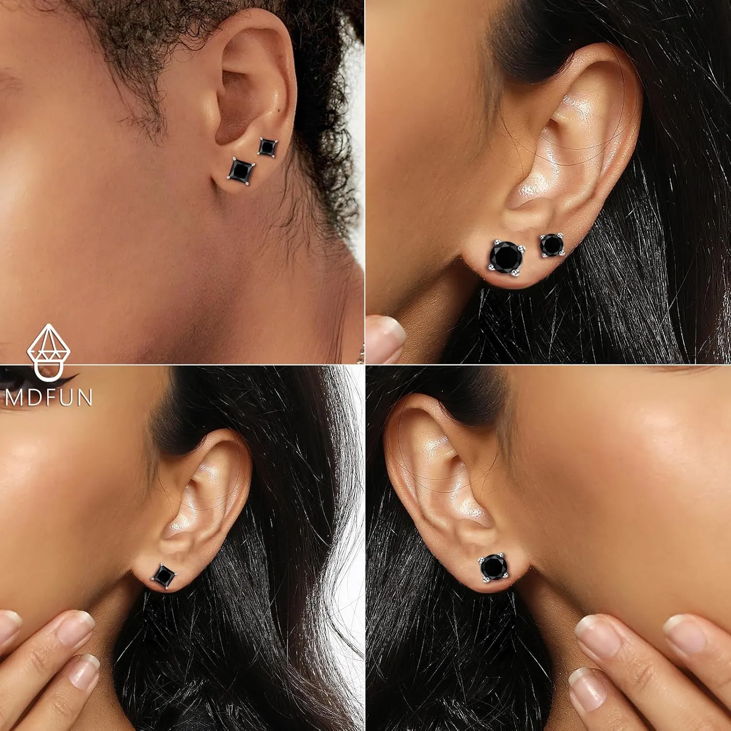 MDFUN 6 Pairs Stud Earrings Set 3mm/5mm/7mm Princess & Round Cubic Zirconia Earrings Hypoallergenic 316L Surgical Stainless Steel CZ Earrings for Women Men