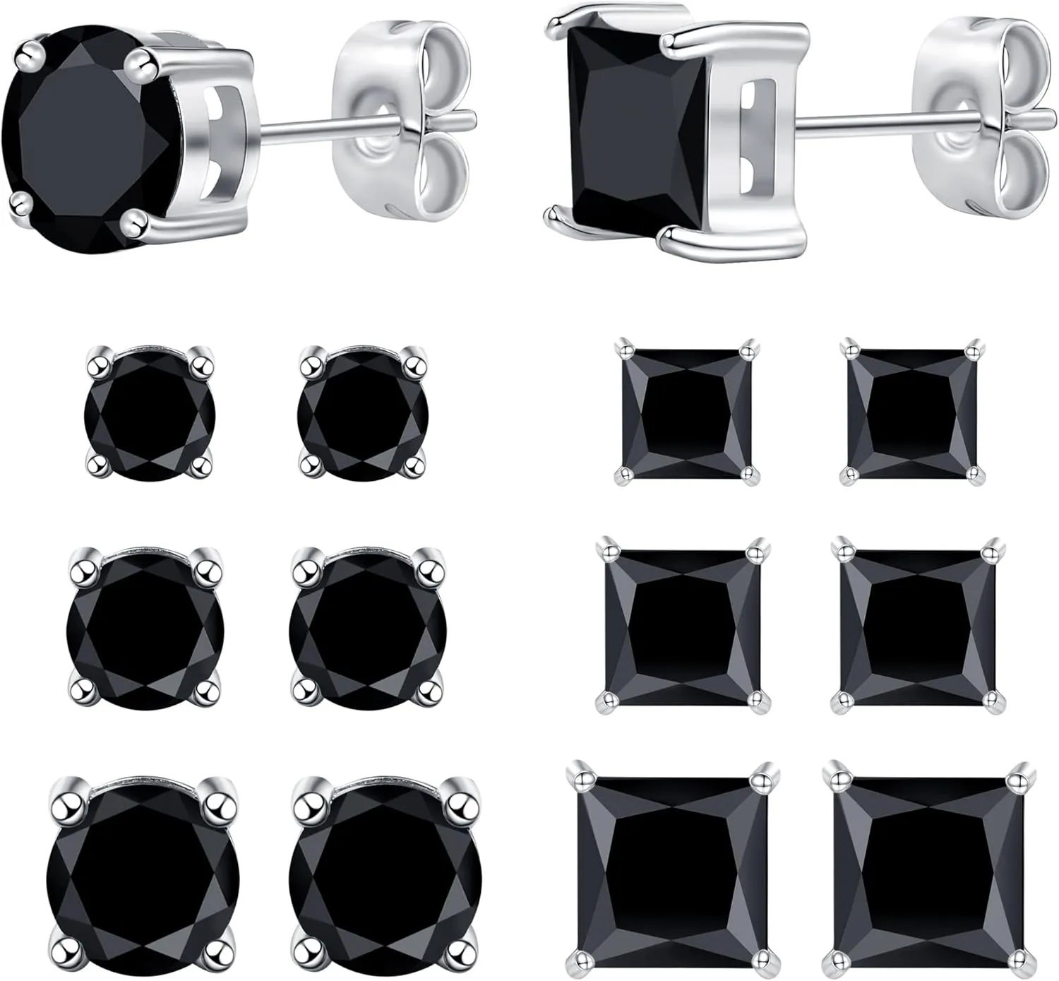 MDFUN 6 Pairs Stud Earrings Set 3mm/5mm/7mm Princess & Round Cubic Zirconia Earrings Hypoallergenic 316L Surgical Stainless Steel CZ Earrings for Women Men