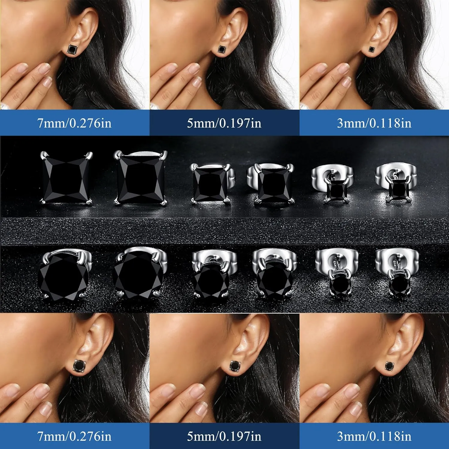 MDFUN 6 Pairs Stud Earrings Set 3mm/5mm/7mm Princess & Round Cubic Zirconia Earrings Hypoallergenic 316L Surgical Stainless Steel CZ Earrings for Women Men