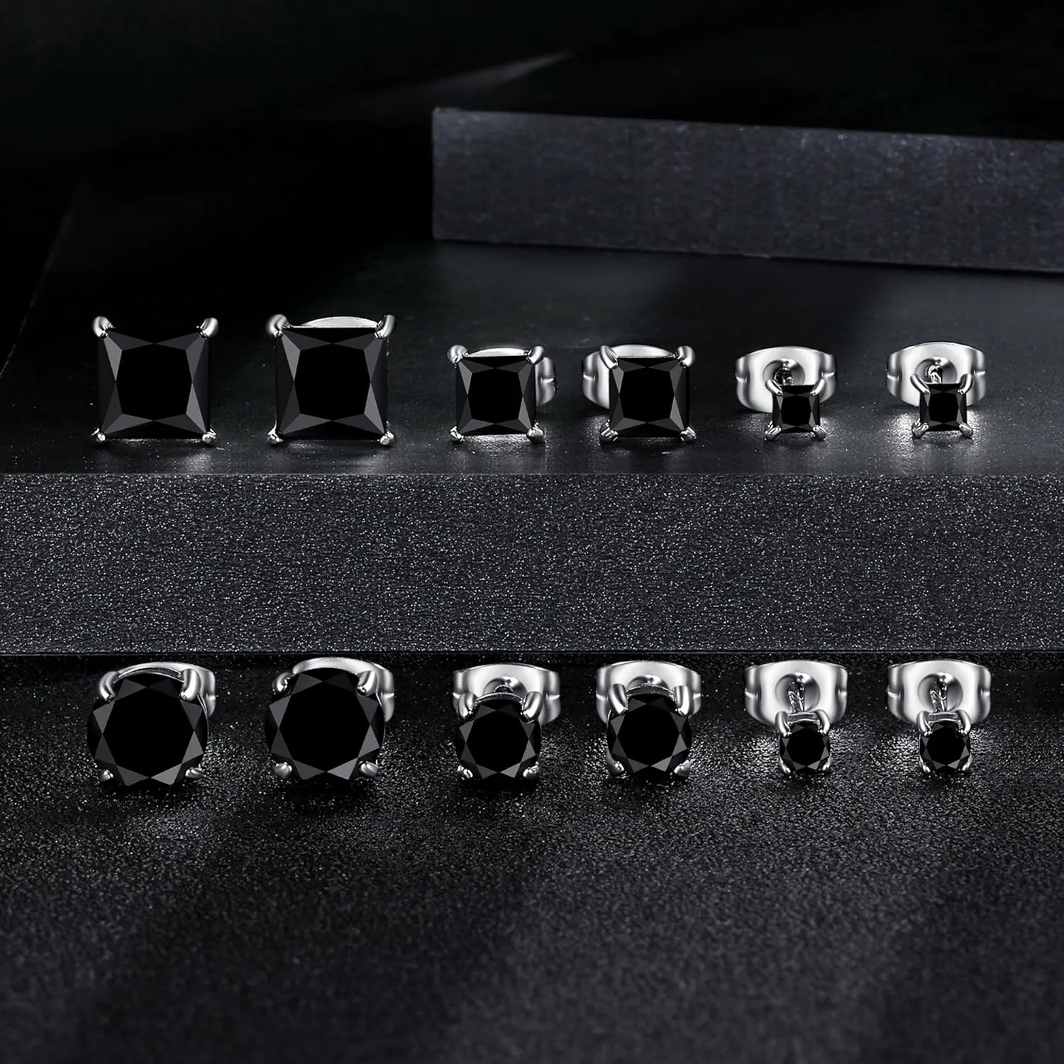 MDFUN 6 Pairs Stud Earrings Set 3mm/5mm/7mm Princess & Round Cubic Zirconia Earrings Hypoallergenic 316L Surgical Stainless Steel CZ Earrings for Women Men