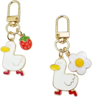 Meefisher 2 PCS Cute Kawaii Keychain Aesthetic Duck Strawberry Flower Bag Accessory Keyring Charm for Backpack Decor