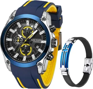 MEGIR Mens Watches Chronograph Blue Silicone Strap and Cross Bracelets Waterproof Date Quartz Watch Sport Casual Fashion Wrist Watches for Men