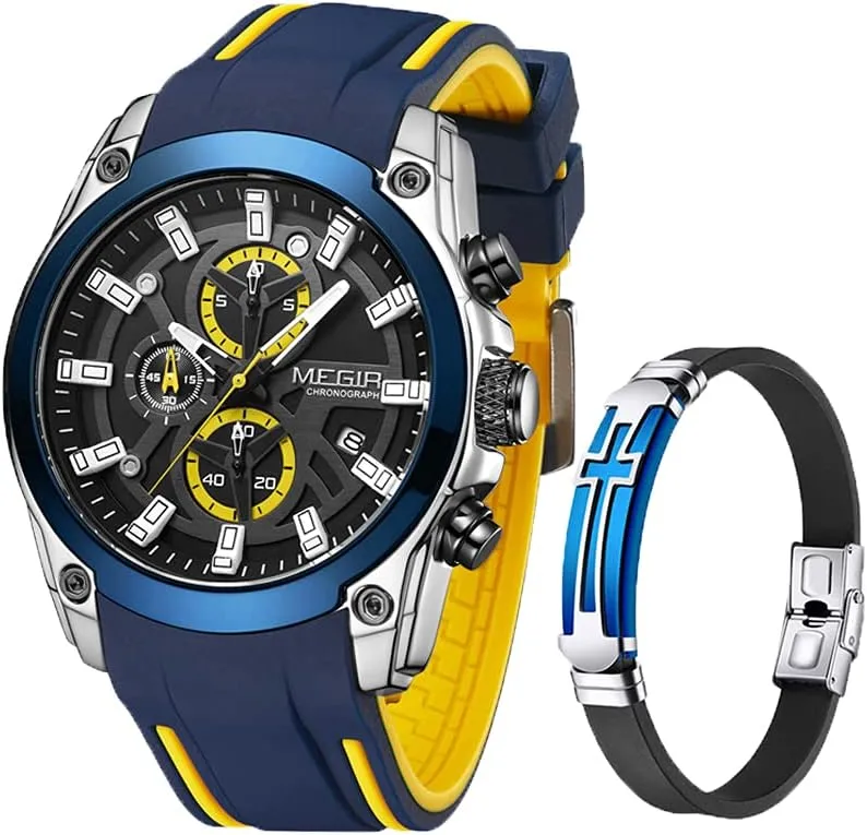 MEGIR Mens Watches Chronograph Blue Silicone Strap and Cross Bracelets Waterproof Date Quartz Watch Sport Casual Fashion Wrist Watches for Men