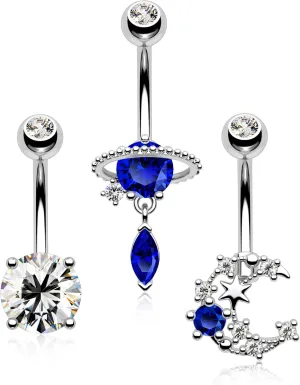 Melighting 14G Belly Button Rings Pack Stainless Steel 316L Blue Belly Rings for Women Clear CZ Planet Belly Piercing Moon Navel Barbell Body Piercing Jewelry (Blue)