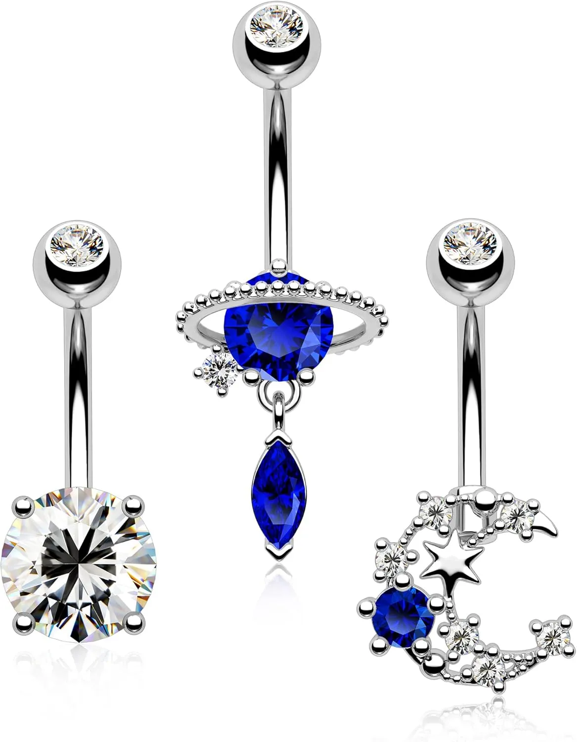 Melighting 14G Belly Button Rings Pack Stainless Steel 316L Blue Belly Rings for Women Clear CZ Planet Belly Piercing Moon Navel Barbell Body Piercing Jewelry (Blue)