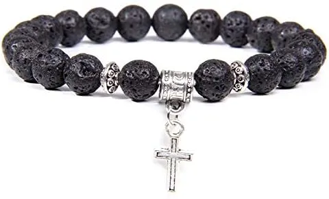 Men Beads Bracelet Slivers Color Cross Pendant Bracelet Natural Stone Bracelets Charm for Women Healing Prayer Jewelry (Metal Color: Lava Stone - Length: 23CM)