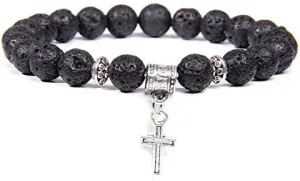 Men Beads Bracelet Slivers Color Cross Pendant Bracelet Natural Stone Bracelets Charm for Women Healing Prayer Jewelry (Metal Color: Lava Stone - Length: 23CM)