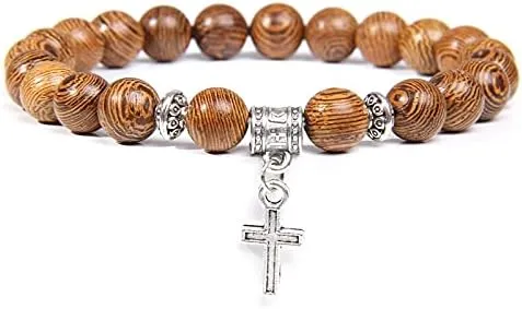 Men Beads Bracelet Slivers Color Cross Pendant Bracelet Natural Stone Bracelets Charm for Women Healing Prayer Jewelry (Metal Color: Malachite - Length: 17CM)