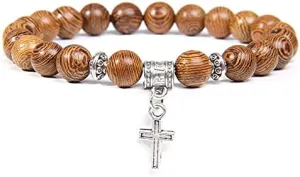 Men Beads Bracelet Slivers Color Cross Pendant Bracelet Natural Stone Bracelets Charm for Women Healing Prayer Jewelry (Metal Color: Malachite - Length: 17CM)