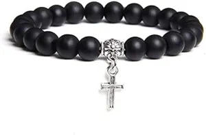 Men Beads Bracelet Slivers Color Cross Pendant Bracelet Natural Stone Bracelets Charm for Women Healing Prayer Jewelry (Metal Color: Matte Black Glass - Length: 17CM)