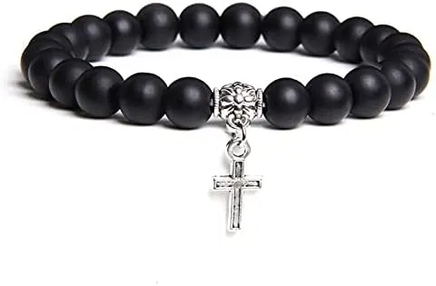 Men Beads Bracelet Slivers Color Cross Pendant Bracelet Natural Stone Bracelets Charm for Women Healing Prayer Jewelry (Metal Color: Matte Black Glass - Length: 17CM)