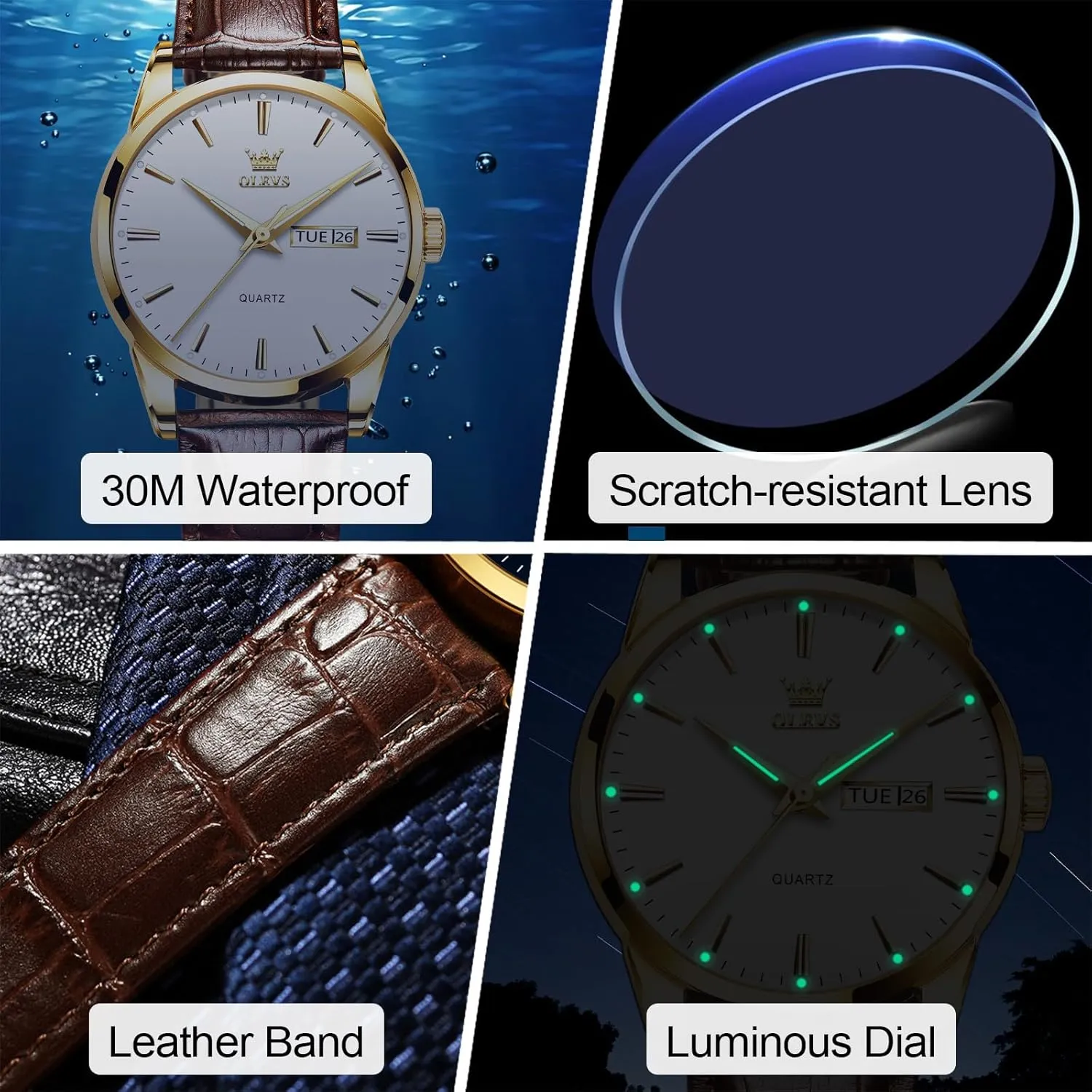 Men's Casual Leather Watch, Easy to Read Analog Dress Watch, Gold Silver Black Tone 3-Hand Quartz, Classic Waterproof Luminous Day Date Wrist Watch