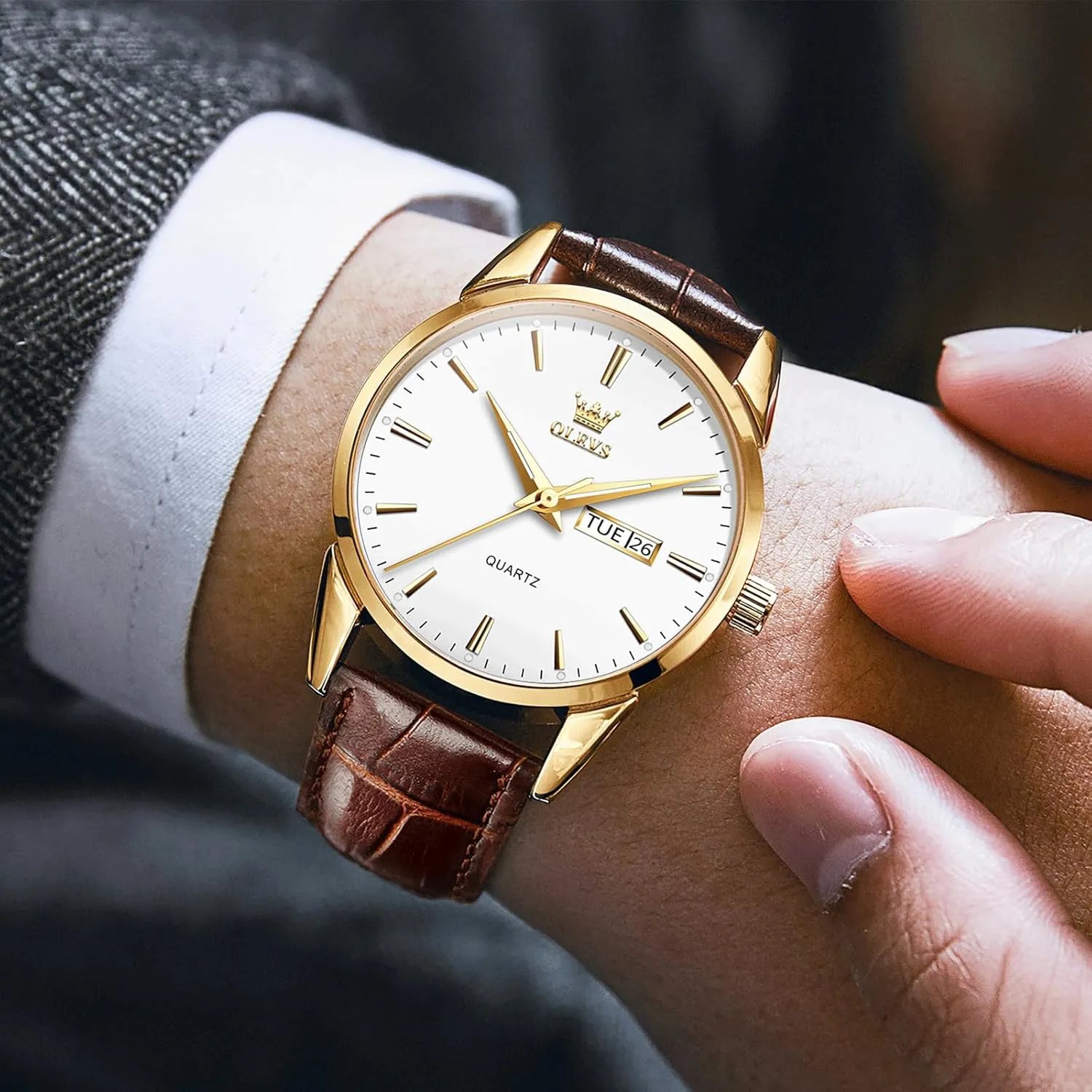 Men's Casual Leather Watch, Easy to Read Analog Dress Watch, Gold Silver Black Tone 3-Hand Quartz, Classic Waterproof Luminous Day Date Wrist Watch