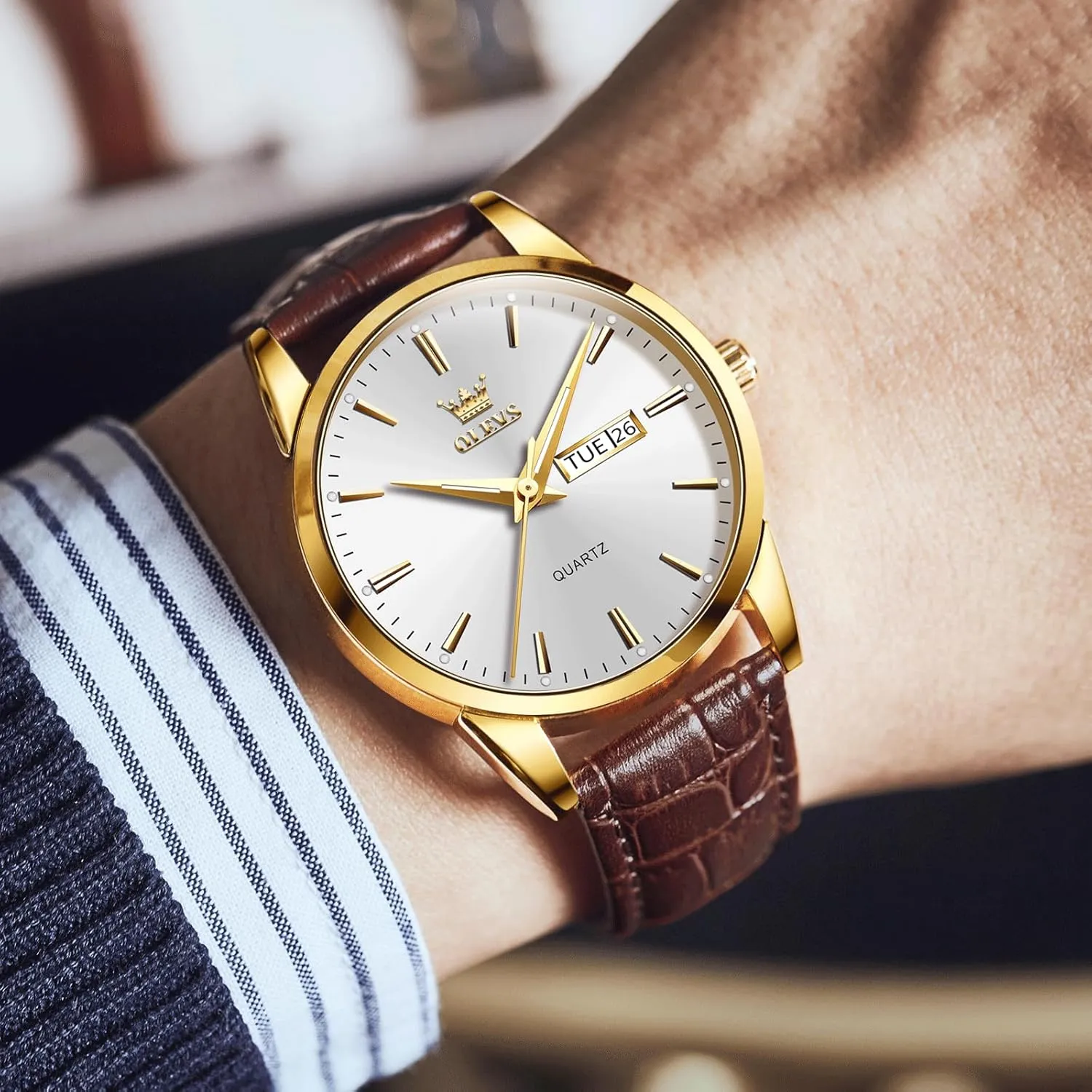 Men's Casual Leather Watch, Easy to Read Analog Dress Watch, Gold Silver Black Tone 3-Hand Quartz, Classic Waterproof Luminous Day Date Wrist Watch