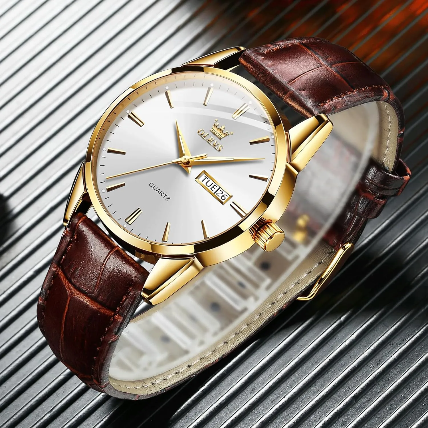 Men's Casual Leather Watch, Easy to Read Analog Dress Watch, Gold Silver Black Tone 3-Hand Quartz, Classic Waterproof Luminous Day Date Wrist Watch