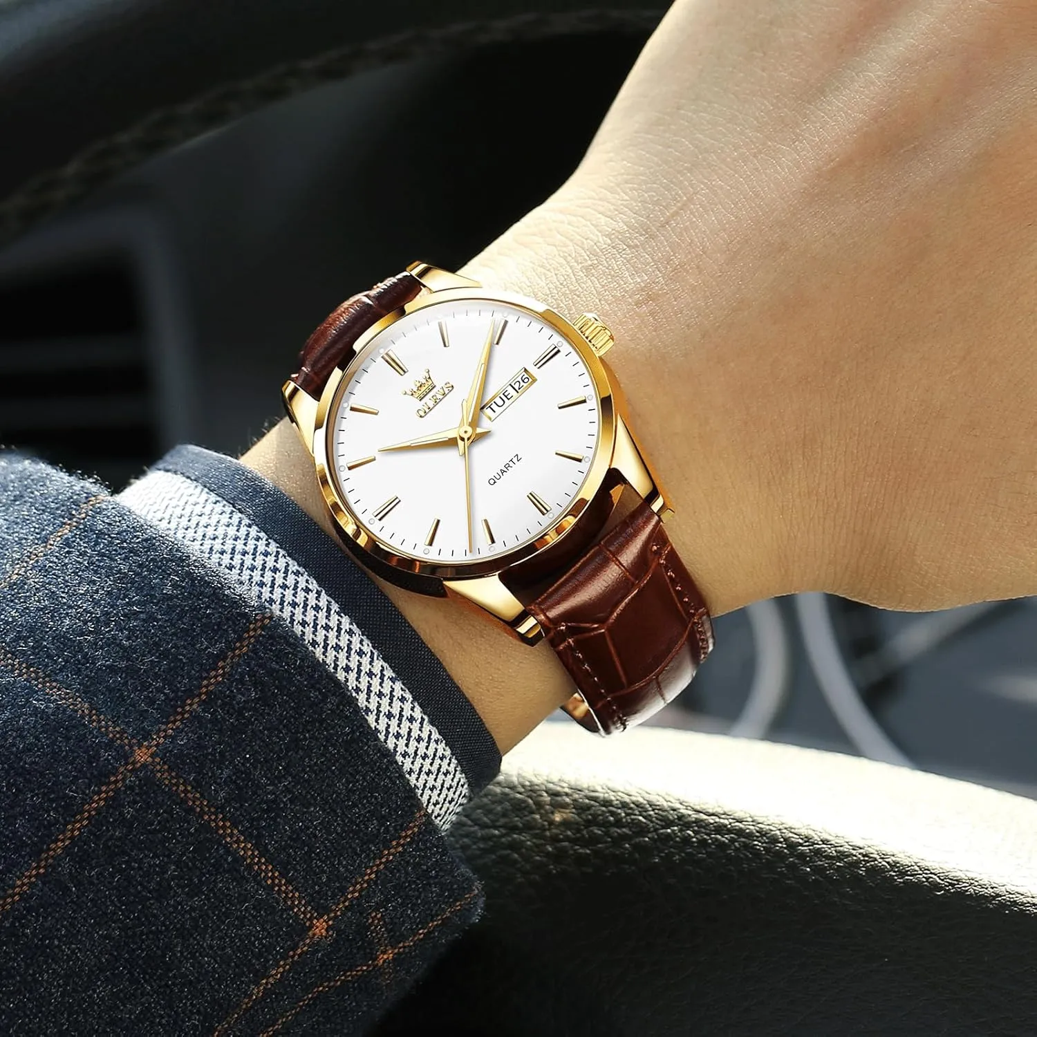 Men's Casual Leather Watch, Easy to Read Analog Dress Watch, Gold Silver Black Tone 3-Hand Quartz, Classic Waterproof Luminous Day Date Wrist Watch