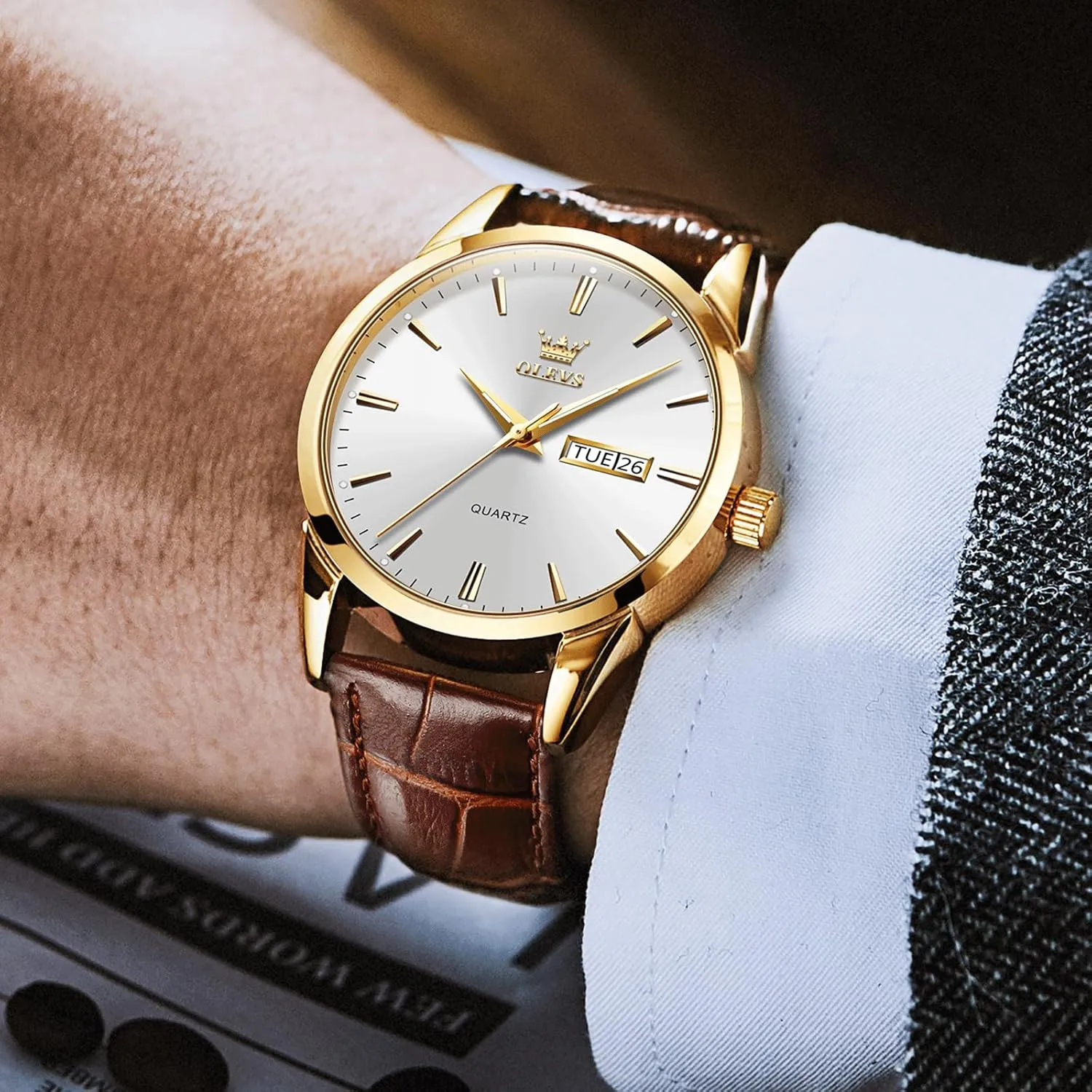 Men's Casual Leather Watch, Easy to Read Analog Dress Watch, Gold Silver Black Tone 3-Hand Quartz, Classic Waterproof Luminous Day Date Wrist Watch