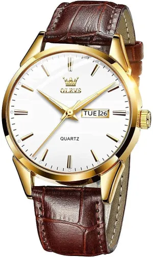 Men's Casual Leather Watch, Easy to Read Analog Dress Watch, Gold Silver Black Tone 3-Hand Quartz, Classic Waterproof Luminous Day Date Wrist Watch