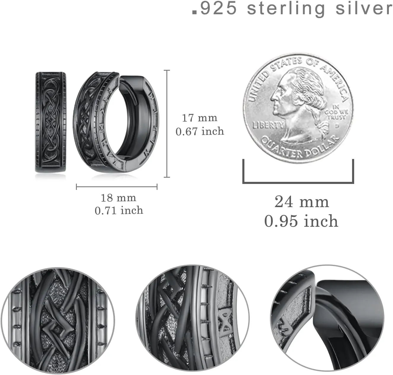 Mens Hoop Earrings 925 Sterling Silver Black Earrings for Men Viking Earrings Men