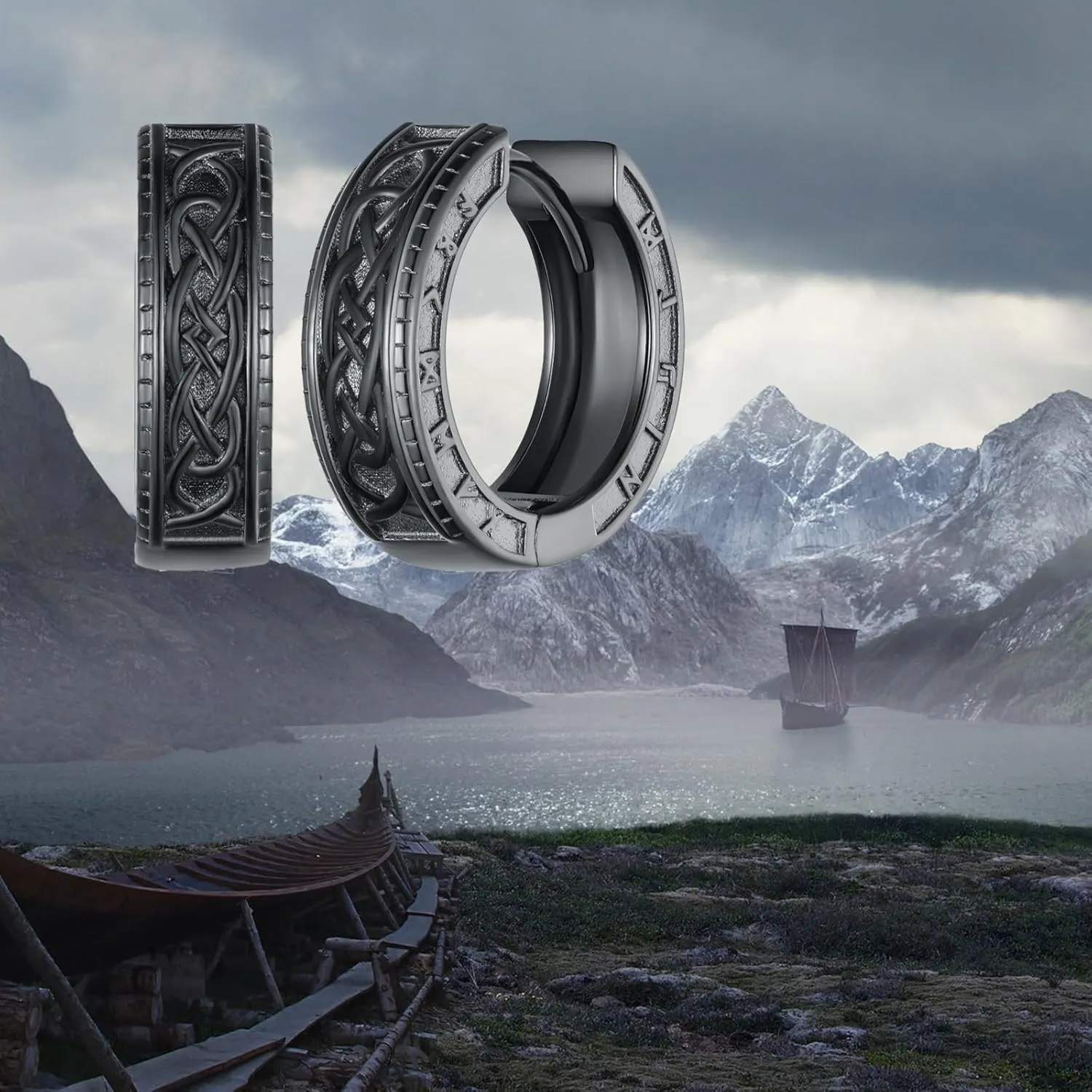 Mens Hoop Earrings 925 Sterling Silver Black Earrings for Men Viking Earrings Men