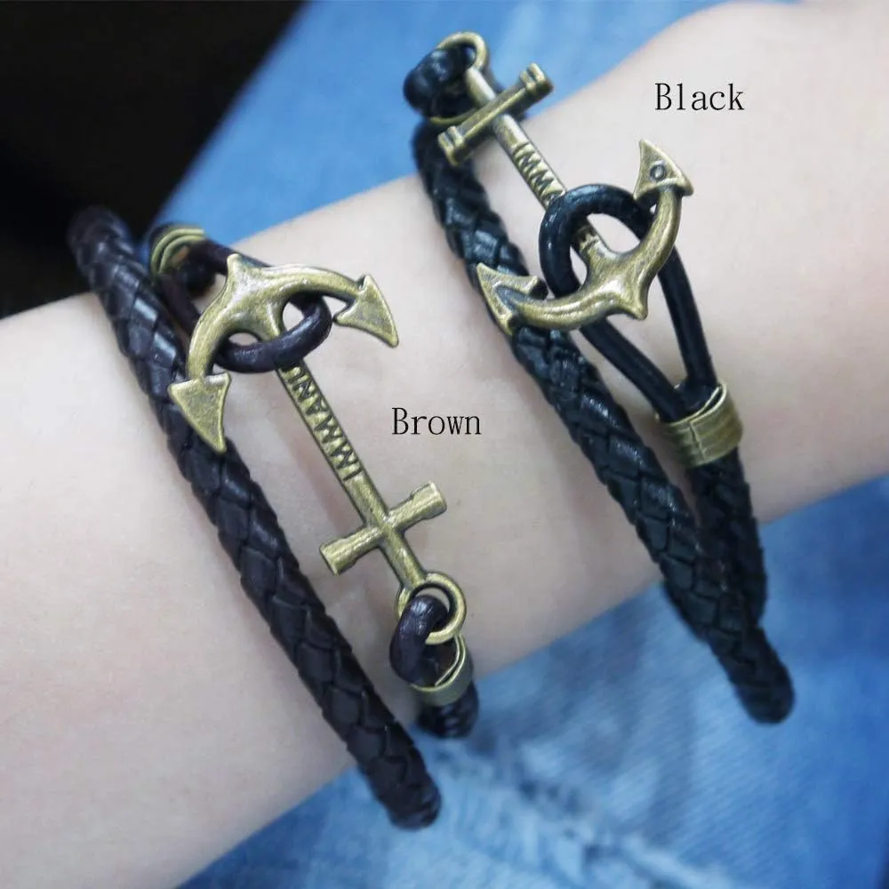 Mens Leather Braided Bracelet Women Anchor Feather Surfer Friendship Evil Eye Rudder Braided Boho Cuff Birthday Anniversary Valentines Day Family