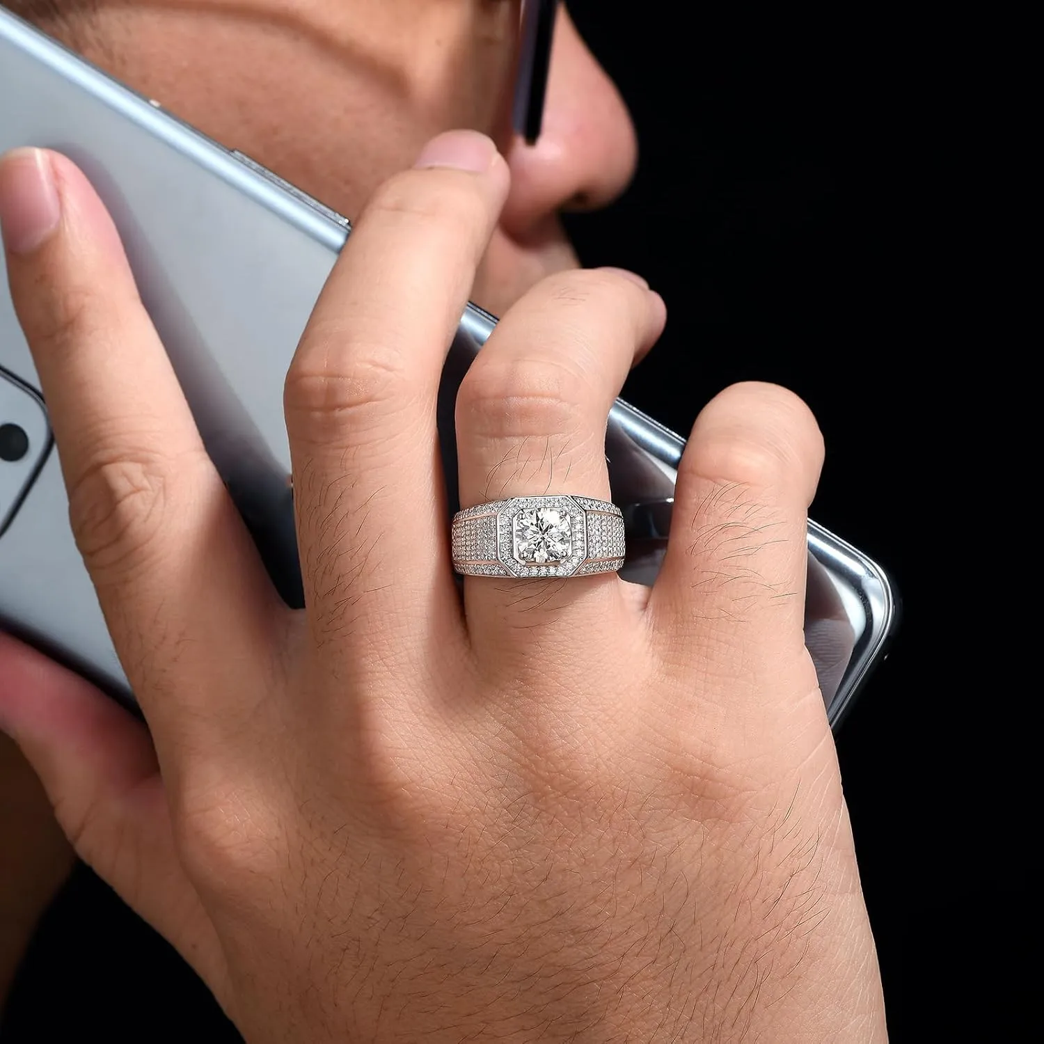 Mens Moissanite Wedding Band Engagement Ring Solitaire Stone 925 Sterling Silver Ring 1.5cttw D Color VVS1 Clarity Brilliant Round Cut Size 7-14
