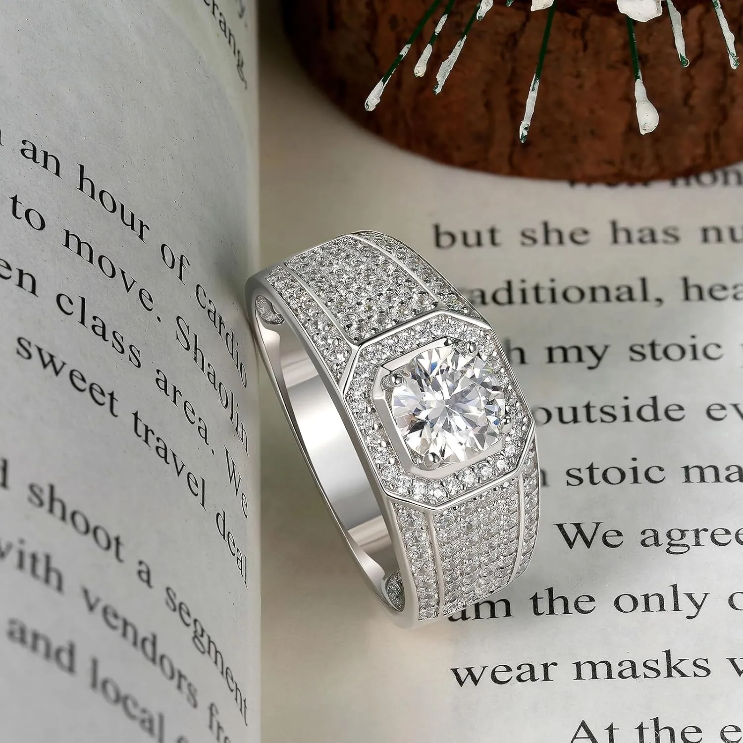 Mens Moissanite Wedding Band Engagement Ring Solitaire Stone 925 Sterling Silver Ring 1.5cttw D Color VVS1 Clarity Brilliant Round Cut Size 7-14