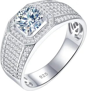 Mens Moissanite Wedding Band Engagement Ring Solitaire Stone 925 Sterling Silver Ring 1.5cttw D Color VVS1 Clarity Brilliant Round Cut Size 7-14