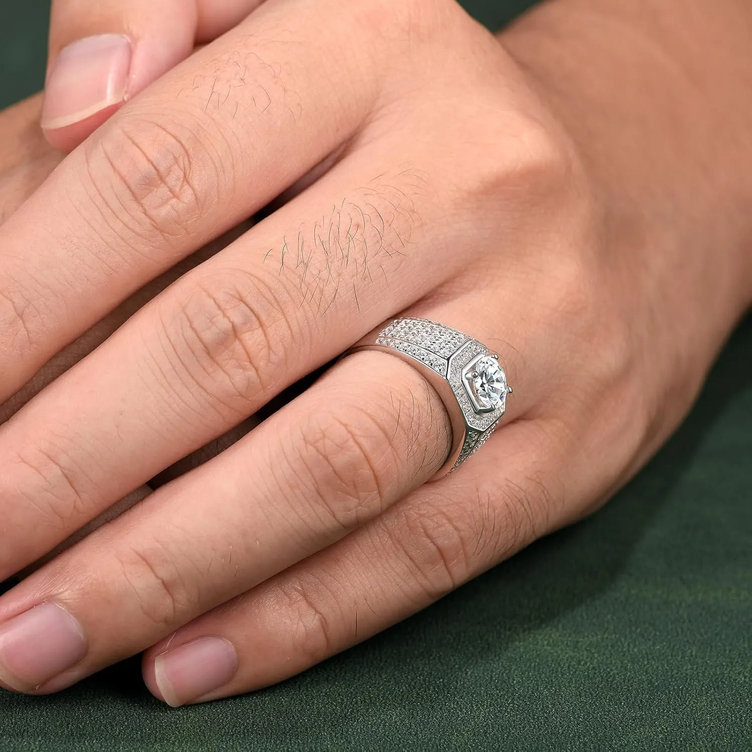 Mens Moissanite Wedding Band Engagement Ring Solitaire Stone 925 Sterling Silver Ring 1.5cttw D Color VVS1 Clarity Brilliant Round Cut Size 7-14