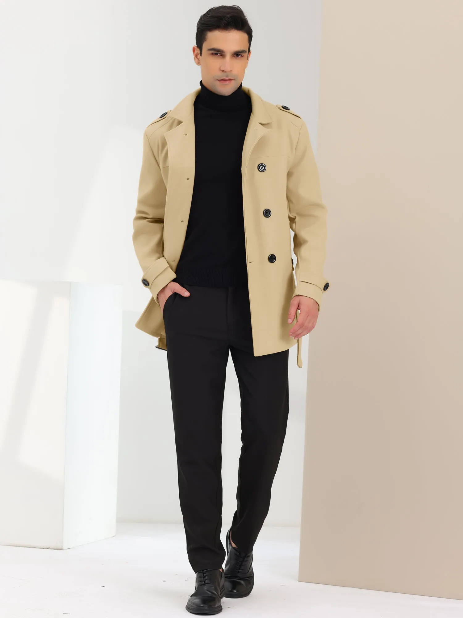 Men's Overcoat Slim Fit Double Breasted Notch Lapel Trench Coat with Belt