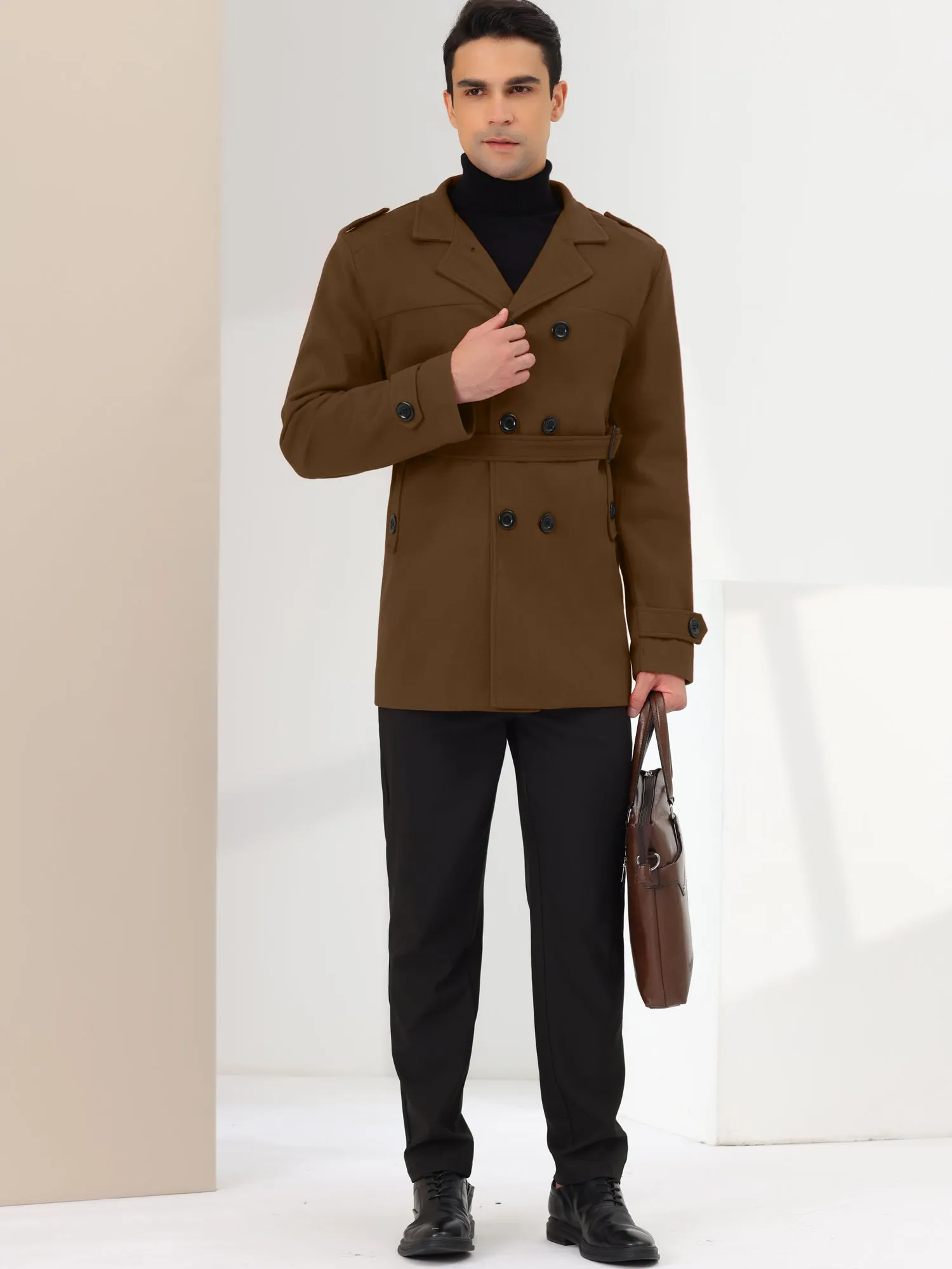Men's Overcoat Slim Fit Double Breasted Notch Lapel Trench Coat with Belt