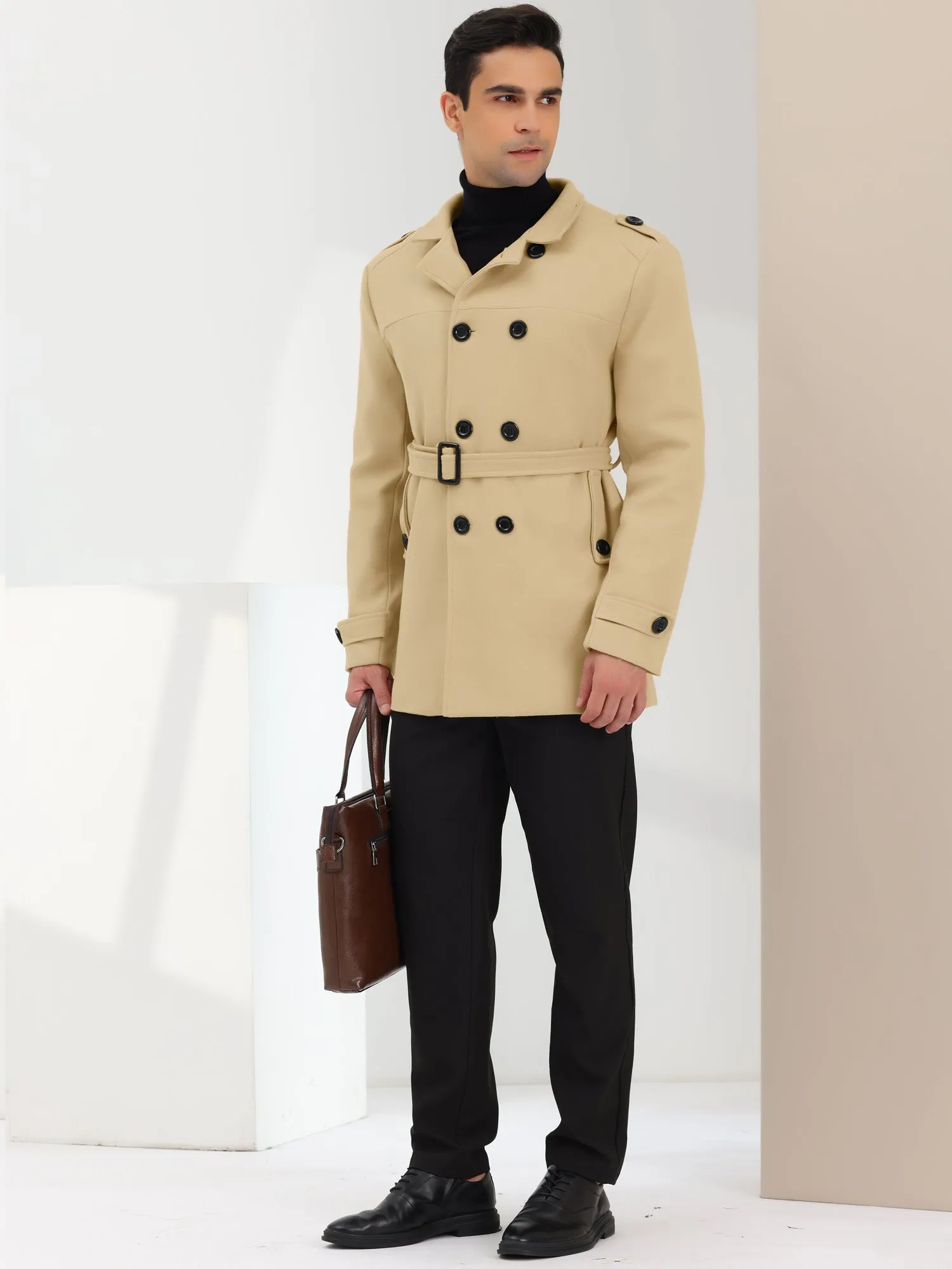 Men's Overcoat Slim Fit Double Breasted Notch Lapel Trench Coat with Belt