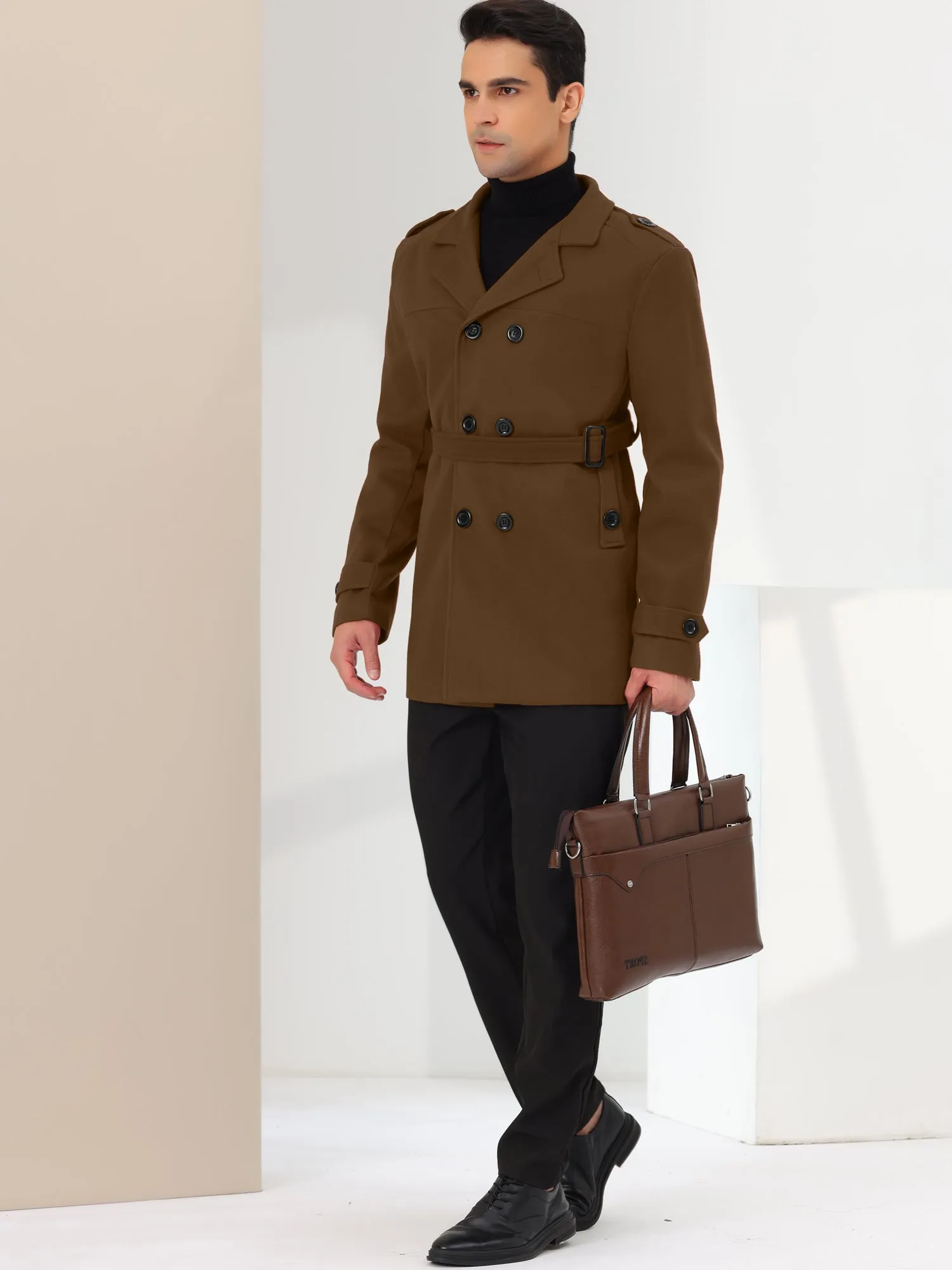 Men's Overcoat Slim Fit Double Breasted Notch Lapel Trench Coat with Belt