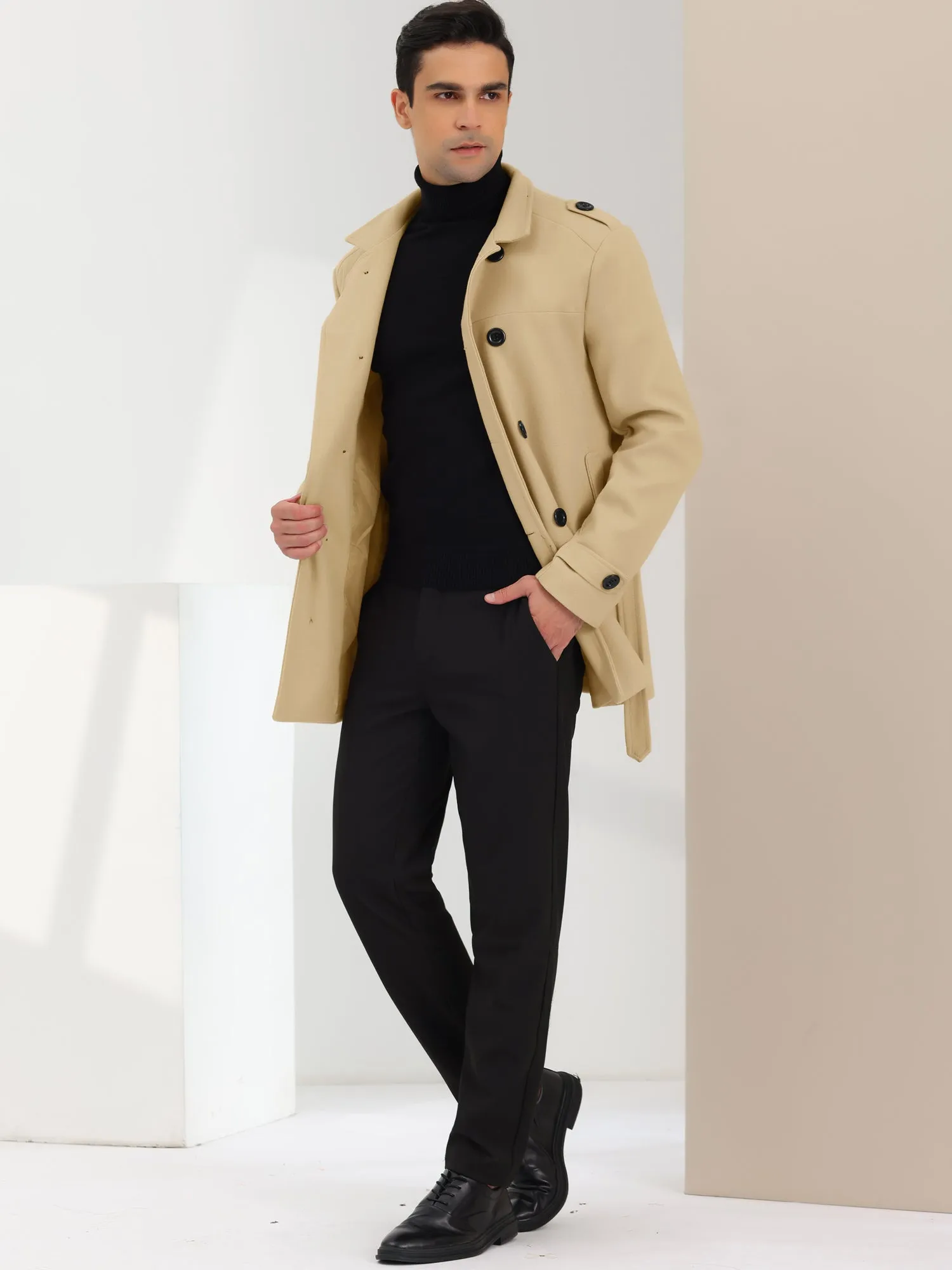 Men's Overcoat Slim Fit Double Breasted Notch Lapel Trench Coat with Belt