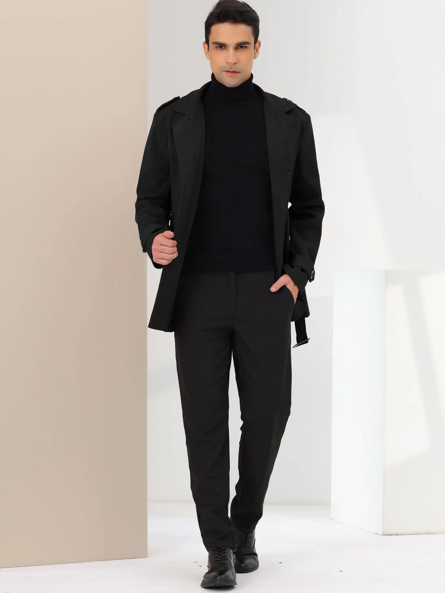 Men's Overcoat Slim Fit Double Breasted Notch Lapel Trench Coat with Belt