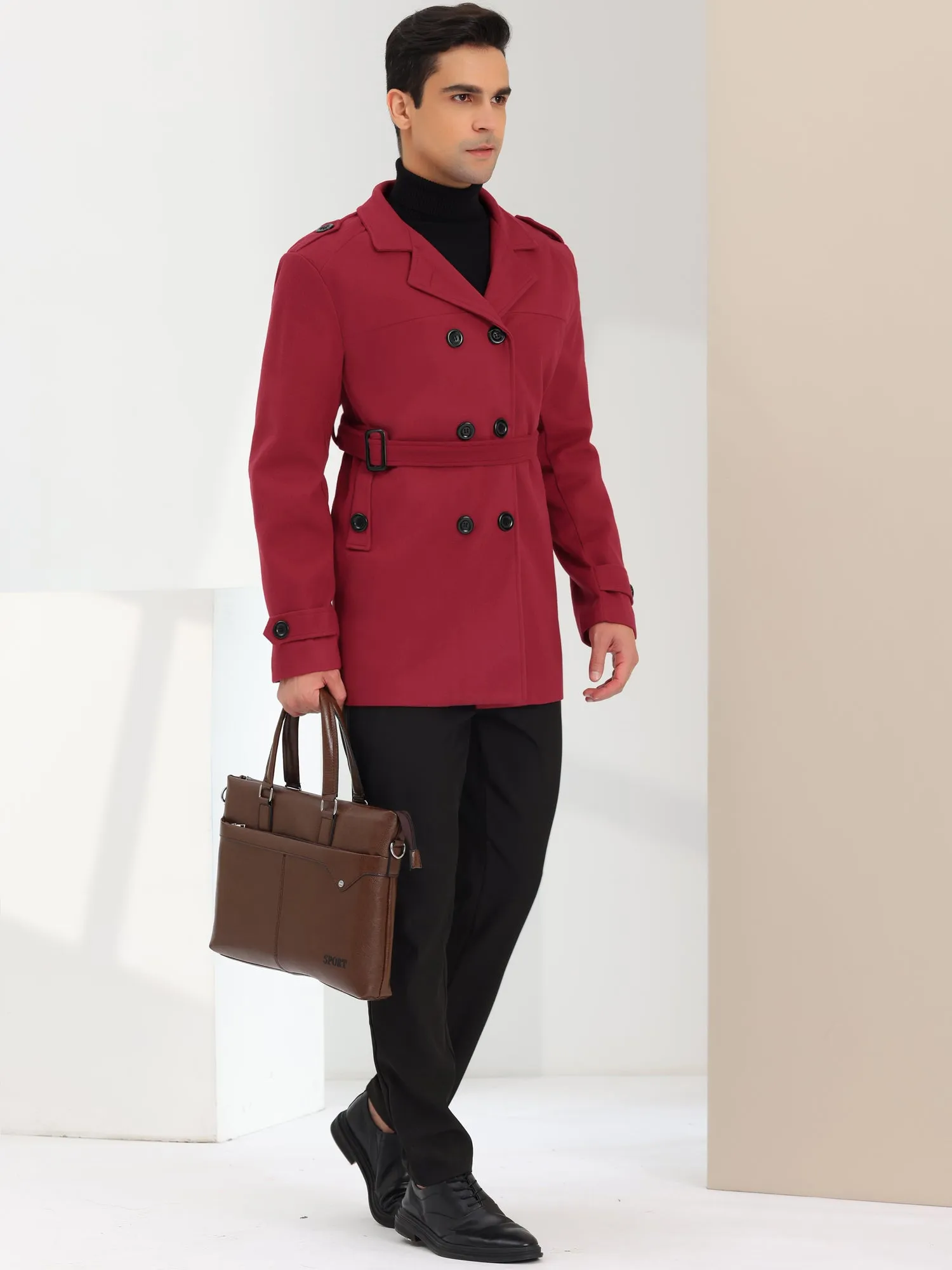 Men's Overcoat Slim Fit Double Breasted Notch Lapel Trench Coat with Belt