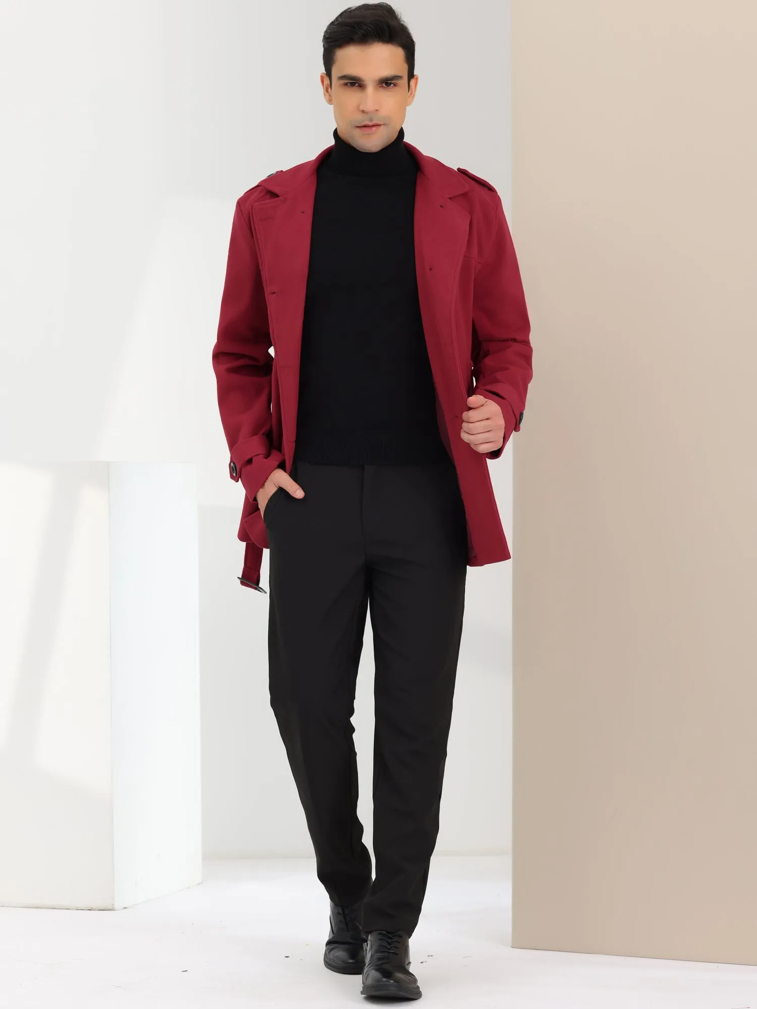 Men's Overcoat Slim Fit Double Breasted Notch Lapel Trench Coat with Belt