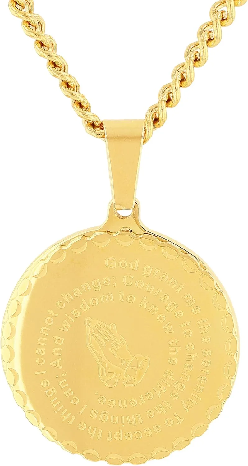 Men's Religious Medallion Pendants  Engraved Serenity Prayer, Stainless Steel with Choice of Colors