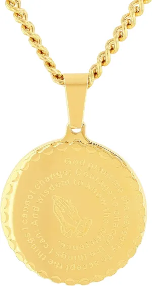 Men's Religious Medallion Pendants  Engraved Serenity Prayer, Stainless Steel with Choice of Colors