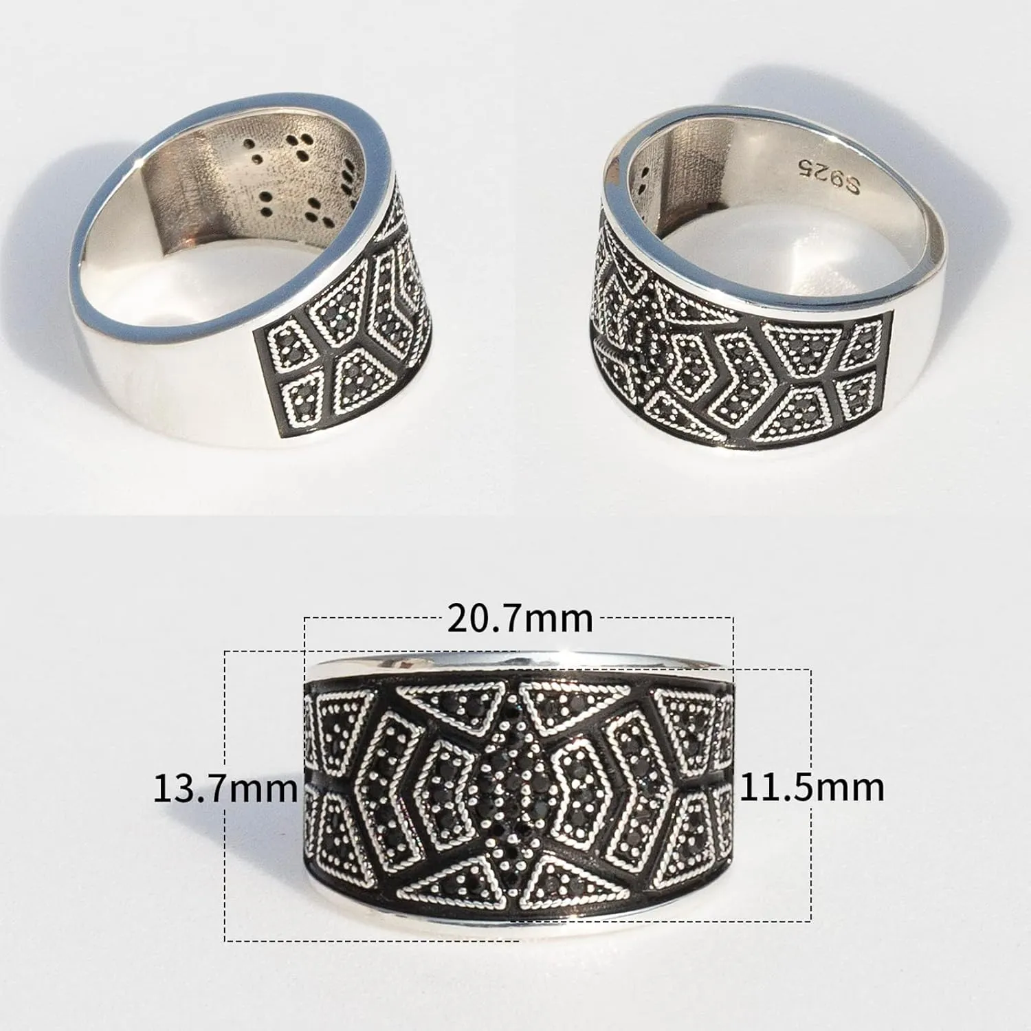 Men's Ring in S925 Sterling Silver Black Cubic Zirconia CZ Solid Silver Ring Polished Turkish Classic Design Handmade Jewelry, Ottoman Gemstone Signet Statement Rings,Man Fine Jewelry Gift for Him