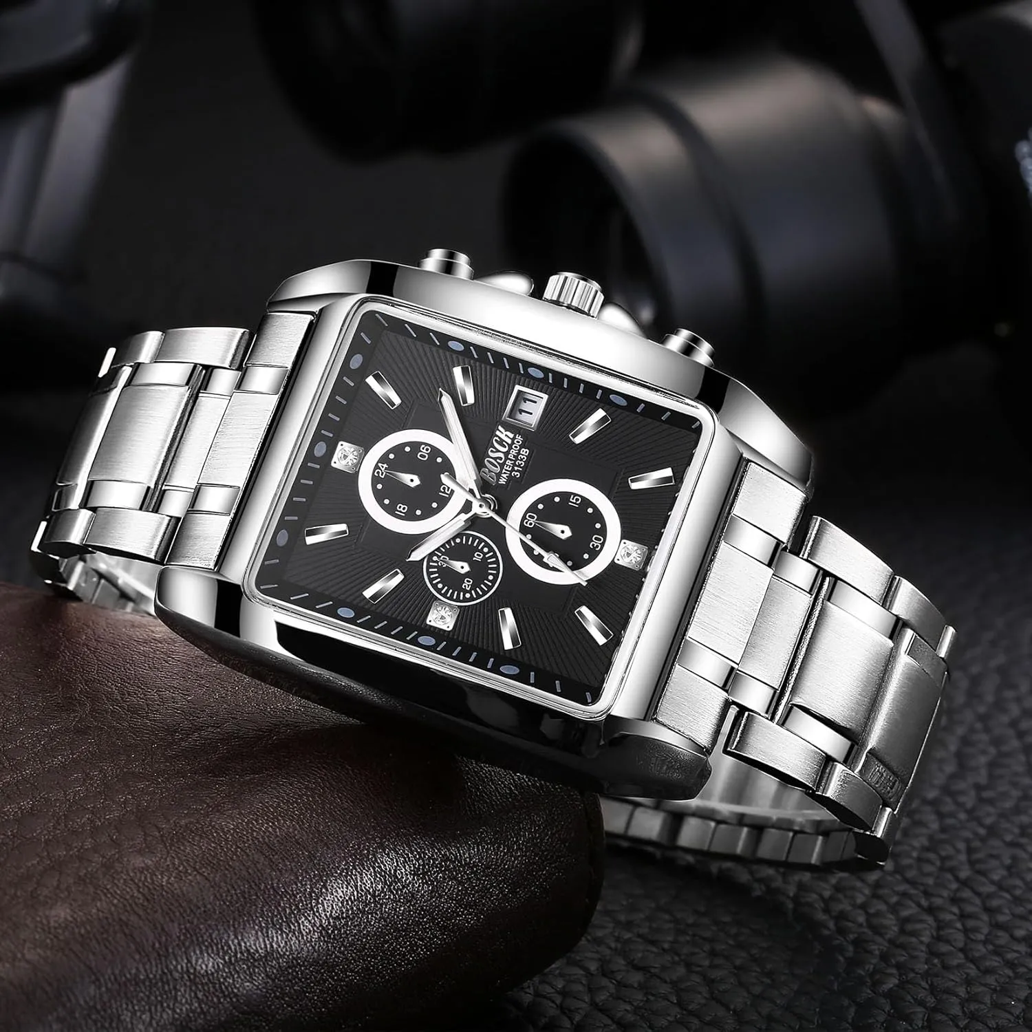 Men's Square Analog Watch  42mm Stainless Steel Business Wristwatch, Easy to Read, Classic Design, 30M Waterproof, No Chronograph