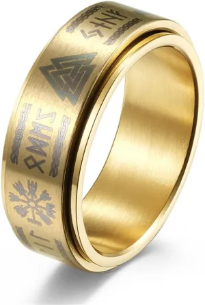 Men's Stainless Steel Anxiety Ring Norse Viking Spinner Ring Band with Viking Rune Odin Norse Text Jewelry