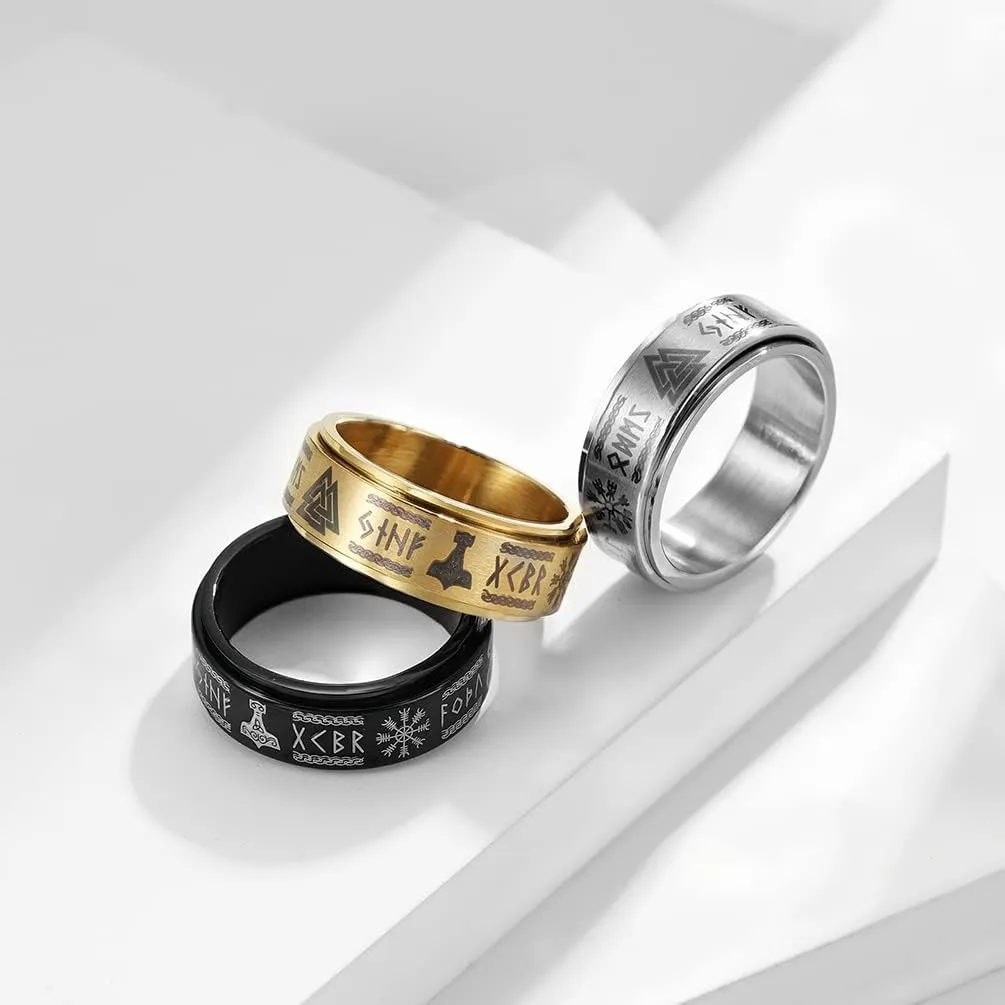 Men's Stainless Steel Anxiety Ring Norse Viking Spinner Ring Band with Viking Rune Odin Norse Text Jewelry
