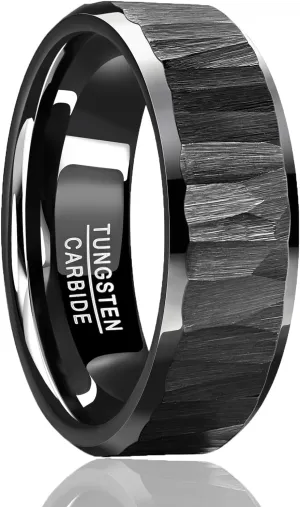 Mens Tungsten Wedding Bands Hammered Ring 8mm Classic Black/Gold/Silver Wedding Rings with Beveled Edges Comfort Fit Jewelry Gift for Him Size 7-13