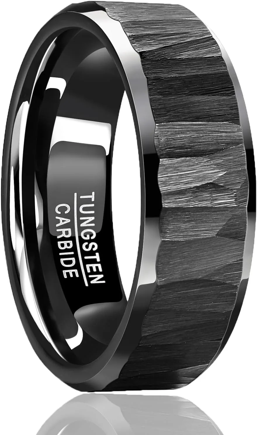 Mens Tungsten Wedding Bands Hammered Ring 8mm Classic Black/Gold/Silver Wedding Rings with Beveled Edges Comfort Fit Jewelry Gift for Him Size 7-13