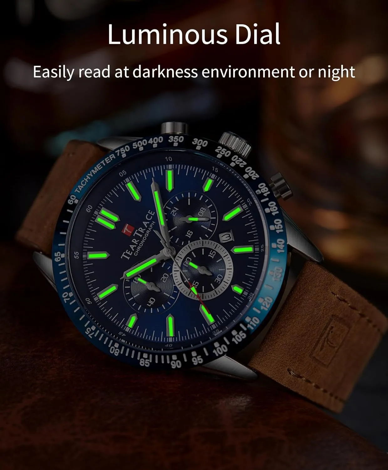 Mens Watches Analog Quartz Movement Big Face Waterproof Chronograph Wrist Watch Sport Work Classical Fashion Watches for Men with Leather Strap