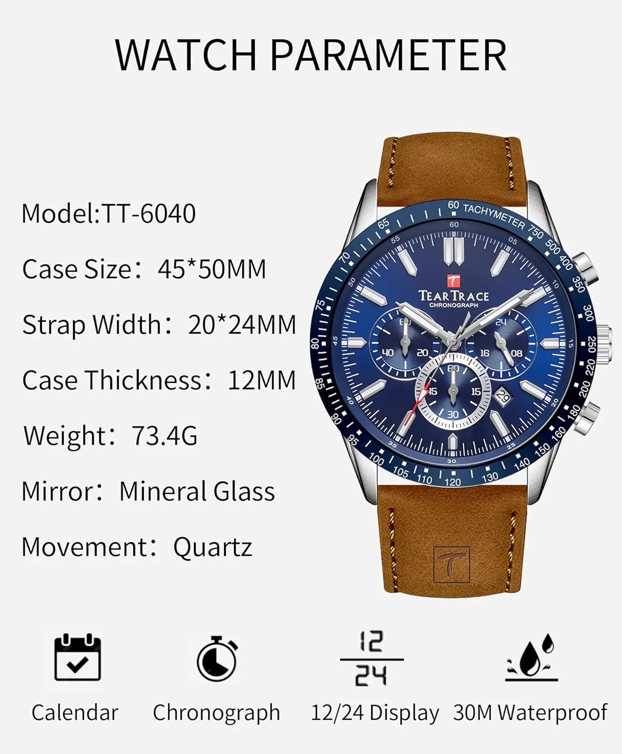 Mens Watches Analog Quartz Movement Big Face Waterproof Chronograph Wrist Watch Sport Work Classical Fashion Watches for Men with Leather Strap