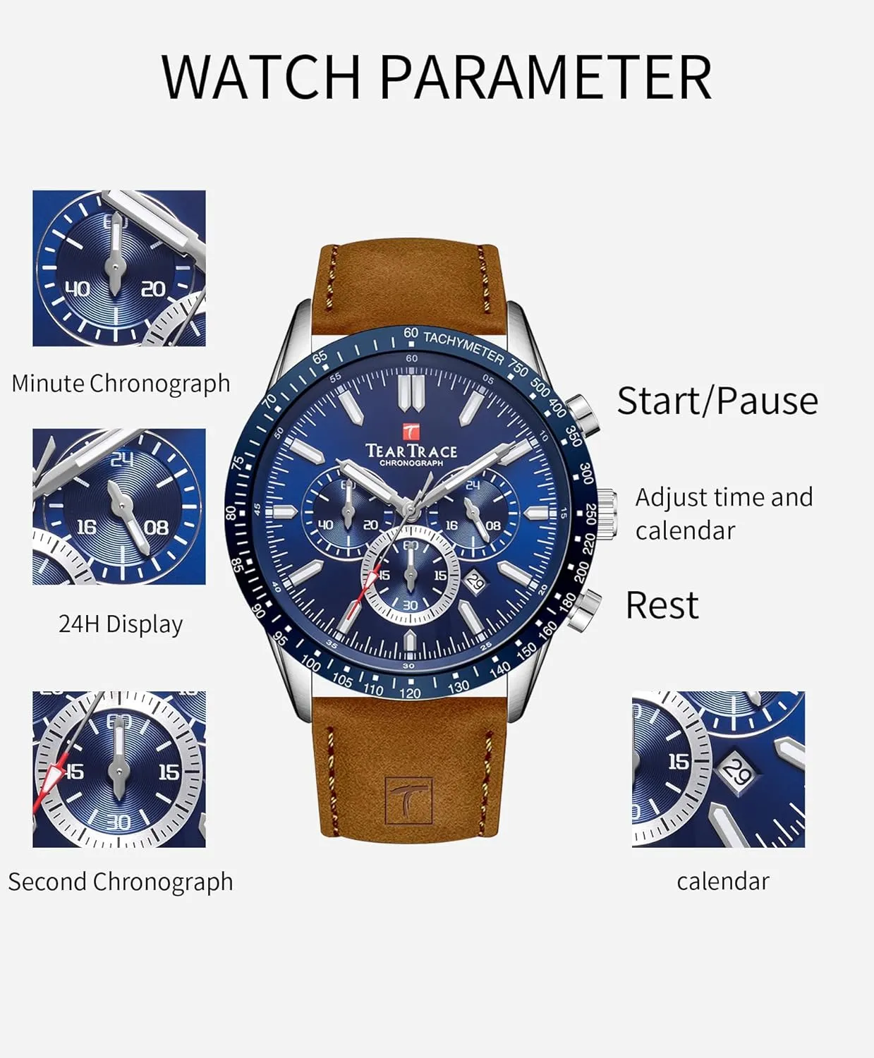 Mens Watches Analog Quartz Movement Big Face Waterproof Chronograph Wrist Watch Sport Work Classical Fashion Watches for Men with Leather Strap