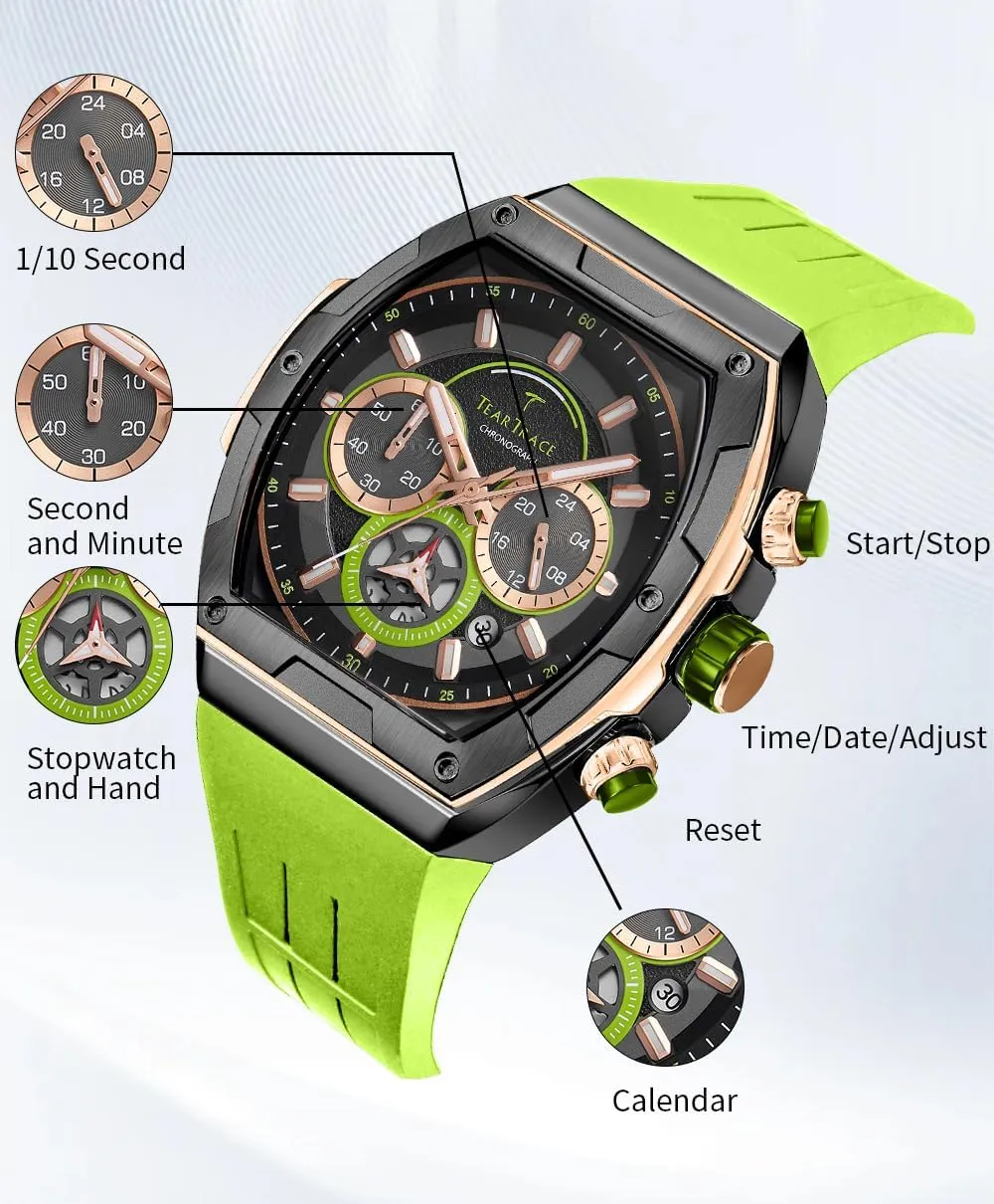 Men's Watches with Silicone Strap Analog Quartz Waterproof Chronograph Luminous Tonneau Watches for Men, Big Face Sport Work Dress Unique Wrist Watch
